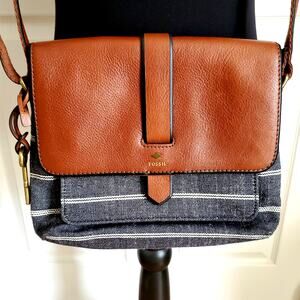 Fossil Crossbody Bag Brown Leather & Black Denim Stripe Fabric Messenger Purse